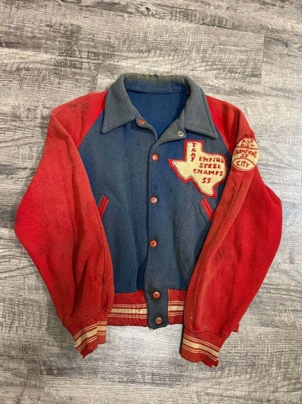 Vintage 1955 TAAF Empire Steel Champs Varsity Jacket Red Blue